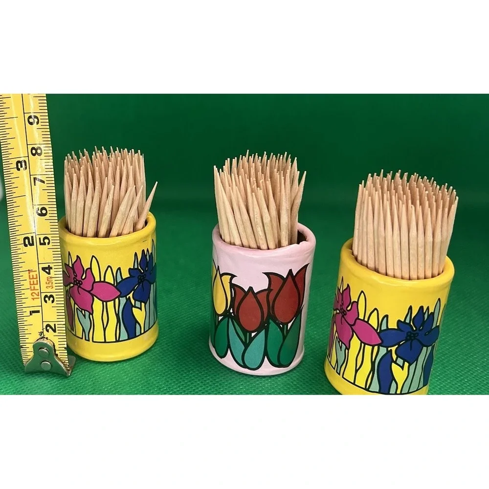 Vtg Toothpick Holder‎ Lot Of 3 Floral Paper Set Mod Boho